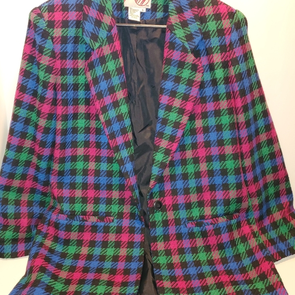 RTW Bright Multicolor Plaid Blazer Sz Sm Jacket Retro Wool Acrylic Polyester - Picture 13 of 14